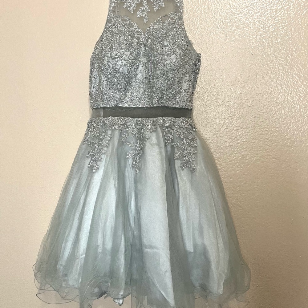 Anny Lee Silver and Blue A-line Halter Dress